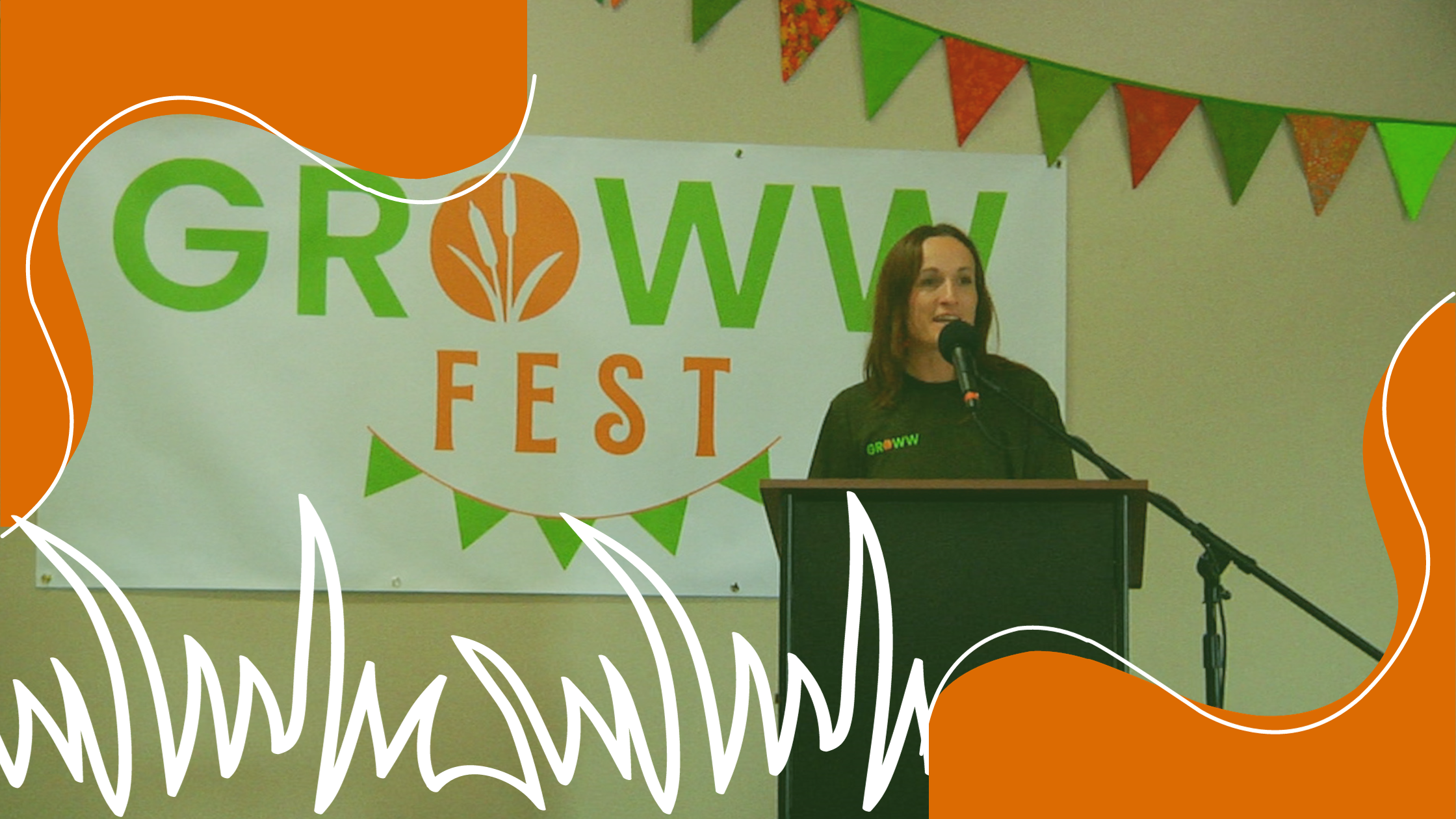 Samantha Bowen of the People Protecting Pierce campaign shares her story at GROWW Fest, in front of the GROWW Fest banner.